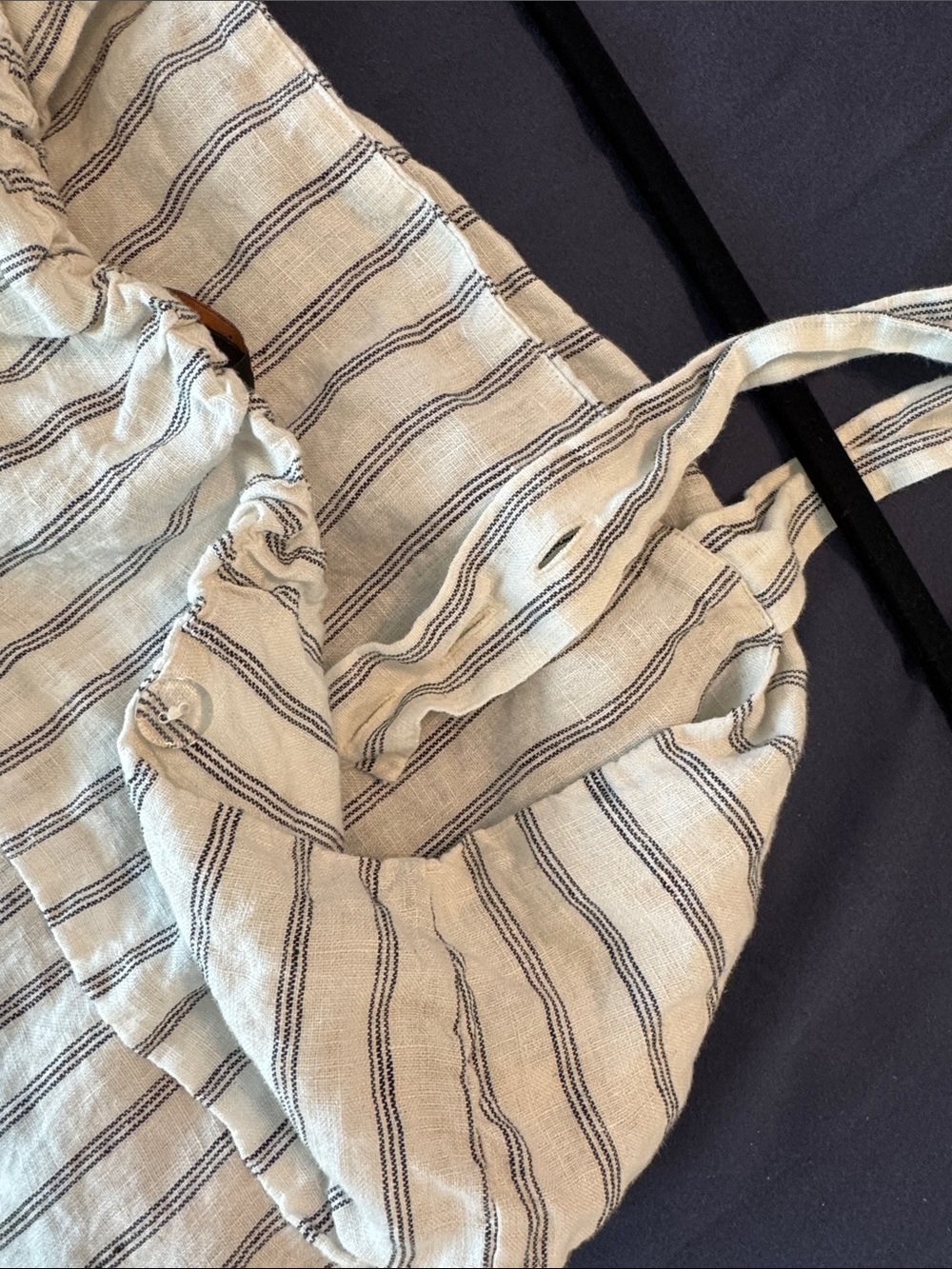 Quince Cream and Black Striped 100% European Linen Pants with Ruffle Top set - Picture 3 of 6
